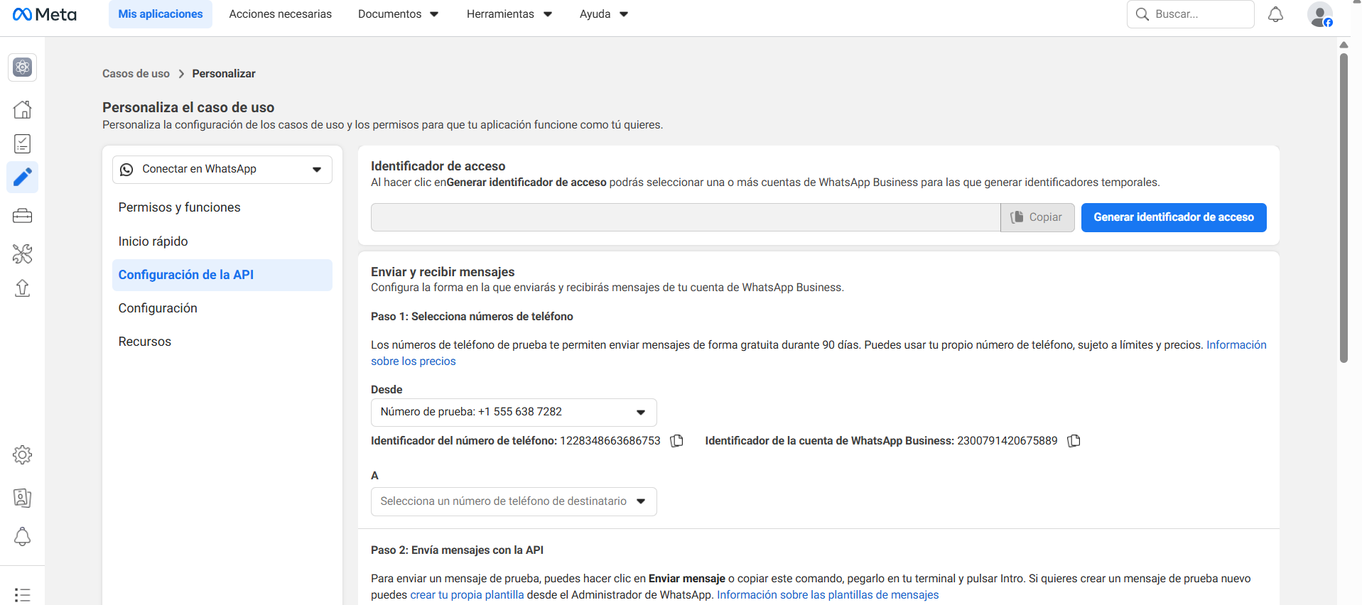 Panel de configuración de la API con campos visibles